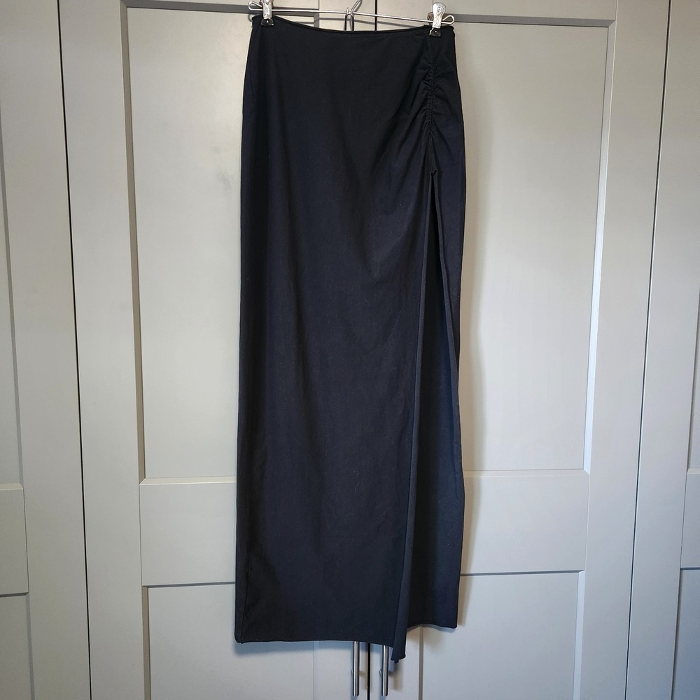 New Skims Women Raw Edge Maxi Skirt Black L Large Ruched Slit Stretch Bodycon